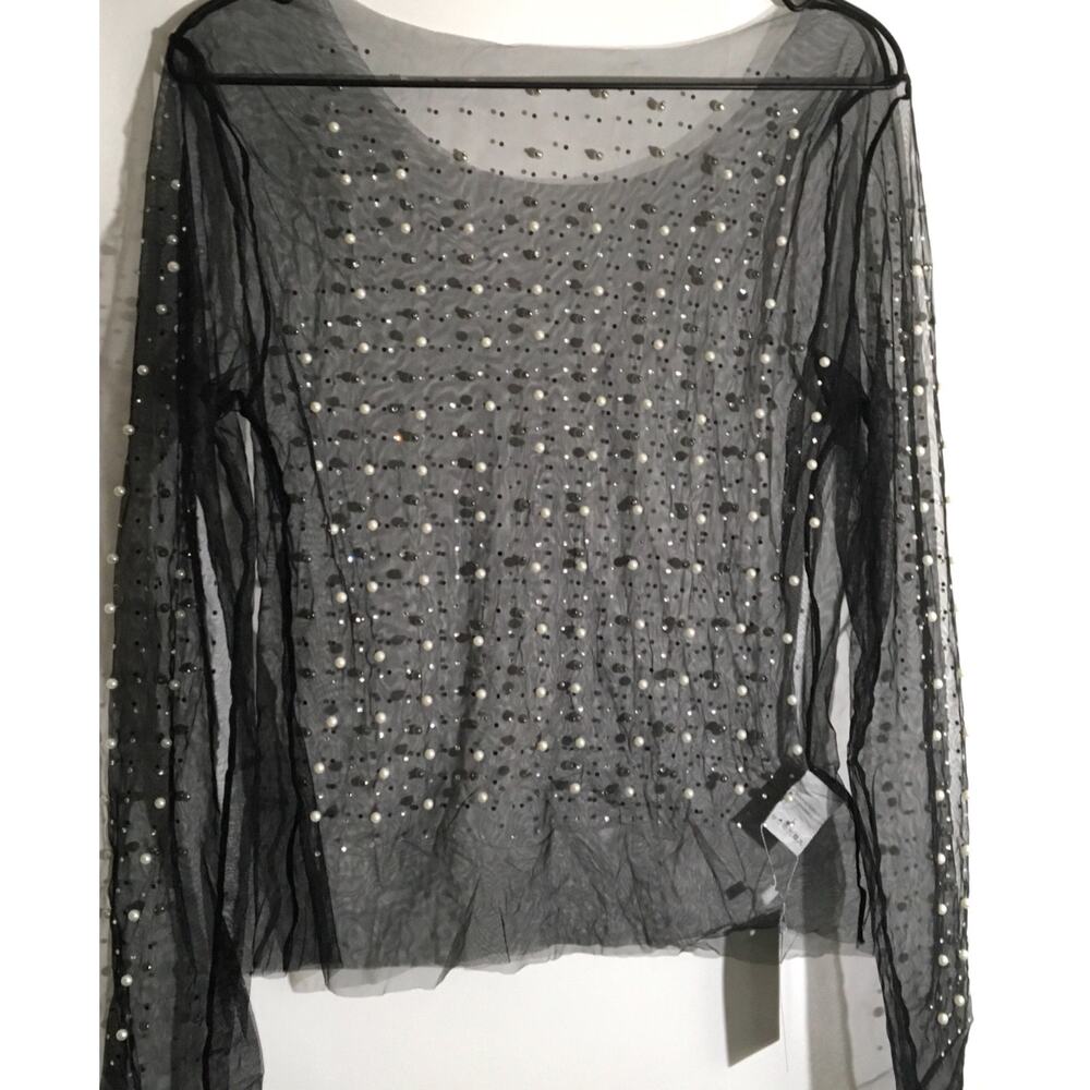 Rhinestone Pearl Women's Black Large Sheer Mesh Long Sleeve Crop Blouse T-Shirt